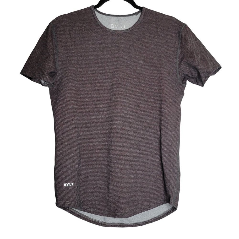 BYLT Mens Drop Cut Lux T-Shirt Short Sleeve Crewneck Striped‎ Gray Red Size S